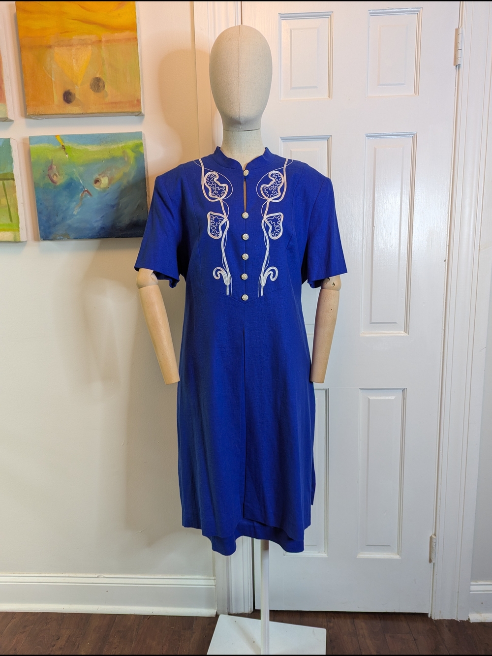 Donny And Nicole Blue Pleated Embroidered Short-Sleeve Dress